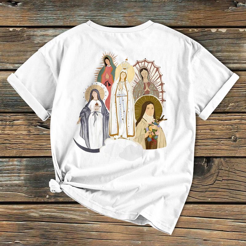 Christianartworkshop Classic Colored Style Virgin Mary Short Sleeve Washed T-shirt