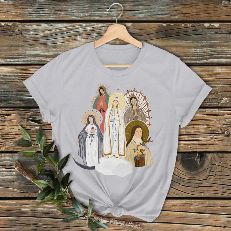 Christianartworkshop Classic Colored Style Virgin Mary Short Sleeve Washed T-shirt