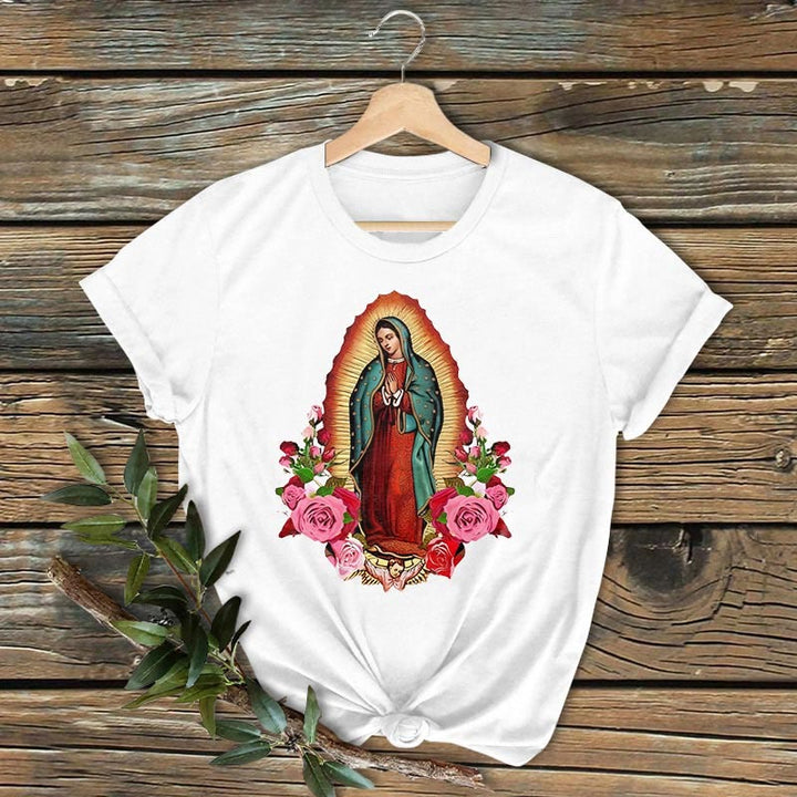 Christianartworkshop Classic Colored Style Our Lady of Guadalupe Short Sleeve Washed T-shirt