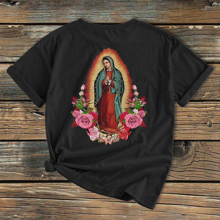 Christianartworkshop Classic Colored Style Our Lady of Guadalupe Short Sleeve Washed T-shirt