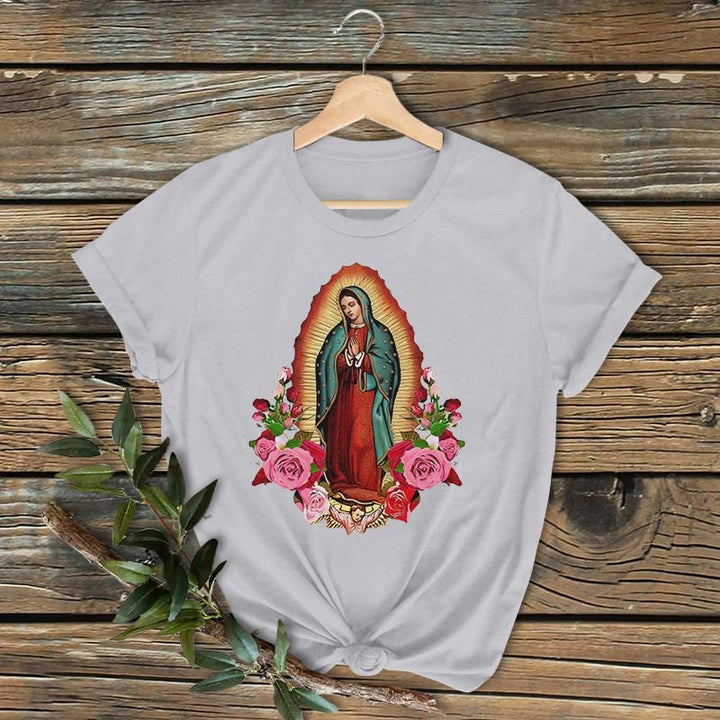 Christianartworkshop Classic Colored Style Our Lady of Guadalupe Short Sleeve Washed T-shirt - Grey - 2XL - image 2