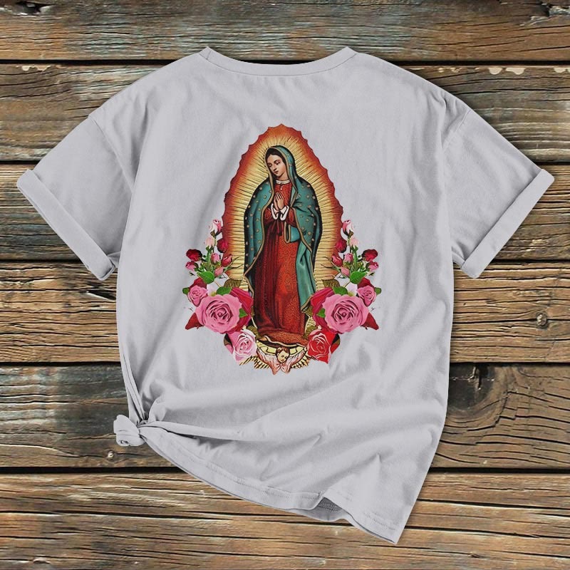 Christianartworkshop Classic Colored Style Our Lady of Guadalupe Short Sleeve Washed T-shirt