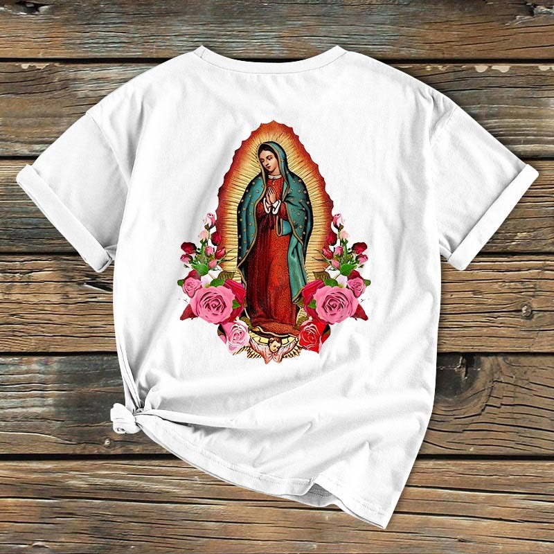 Christianartworkshop Classic Colored Style Our Lady of Guadalupe Short Sleeve Washed T-shirt