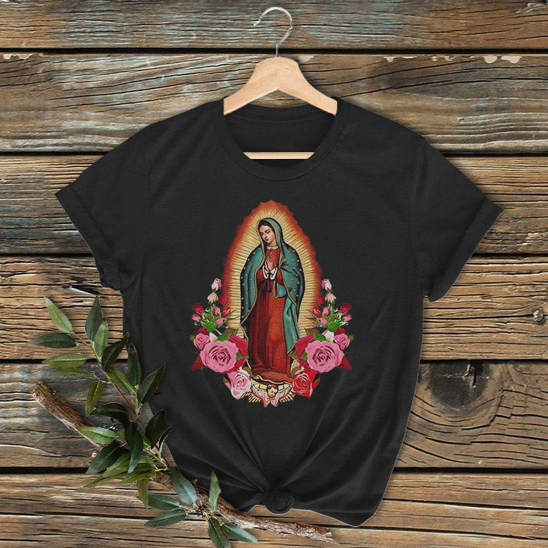 Christianartworkshop Classic Colored Style Our Lady of Guadalupe Short Sleeve Washed T-shirt - Black - 2XL - image 1