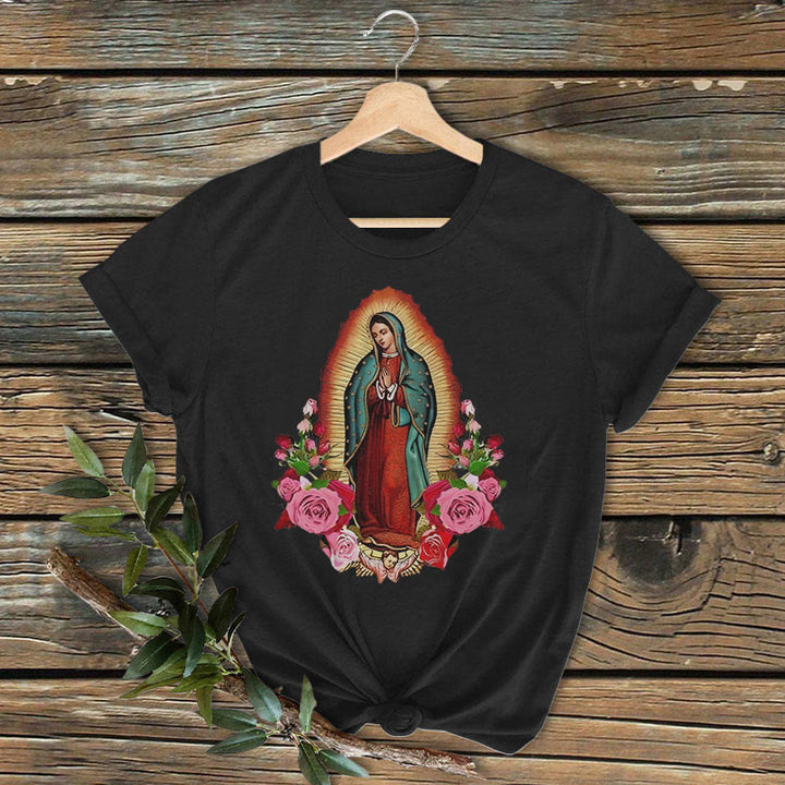 Christianartworkshop Classic Colored Style Our Lady of Guadalupe Short Sleeve Washed T-shirt