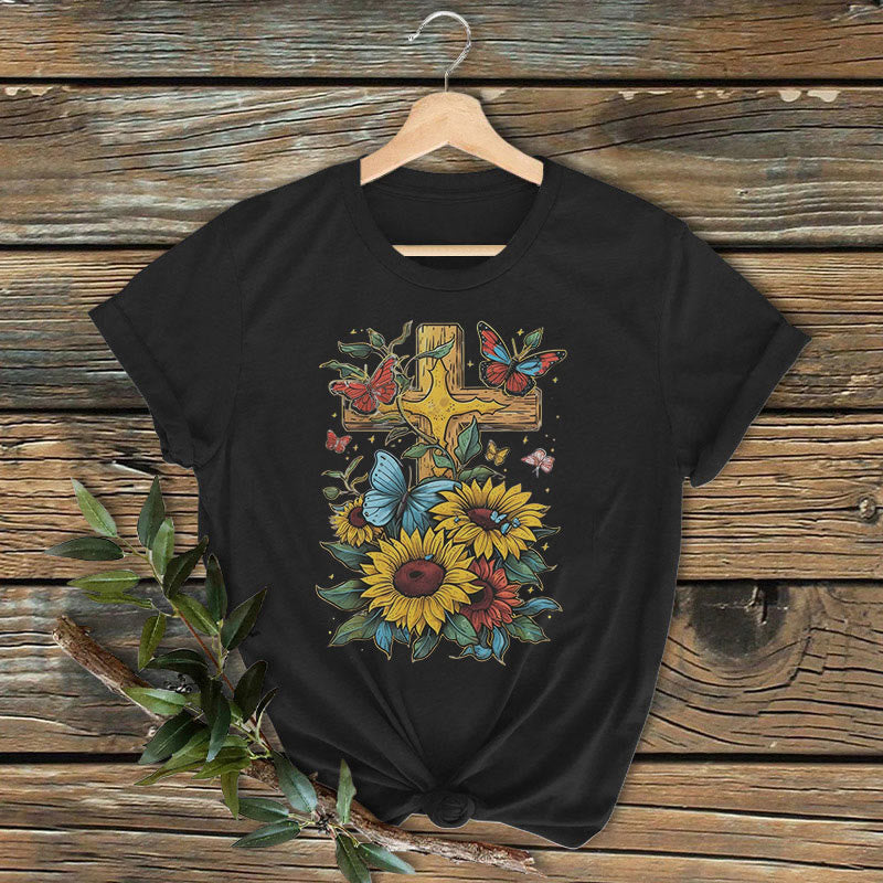 Christianartworkshop Classic Colored Style Cross Sunflowers Butterflies Short Sleeve Washed T-shirt