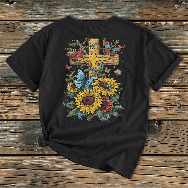 Christianartworkshop Classic Colored Style Cross Sunflowers Butterflies Short Sleeve Washed T-shirt