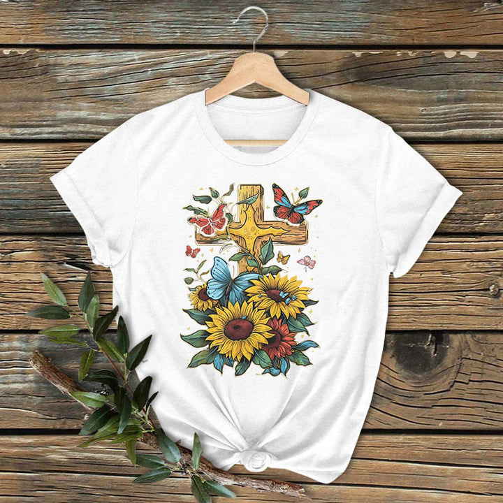 Christianartworkshop Classic Colored Style Cross Sunflowers Butterflies Short Sleeve Washed T-shirt