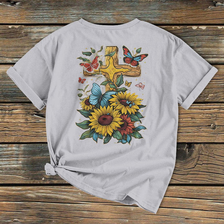 Christianartworkshop Classic Colored Style Cross Sunflowers Butterflies Short Sleeve Washed T-shirt