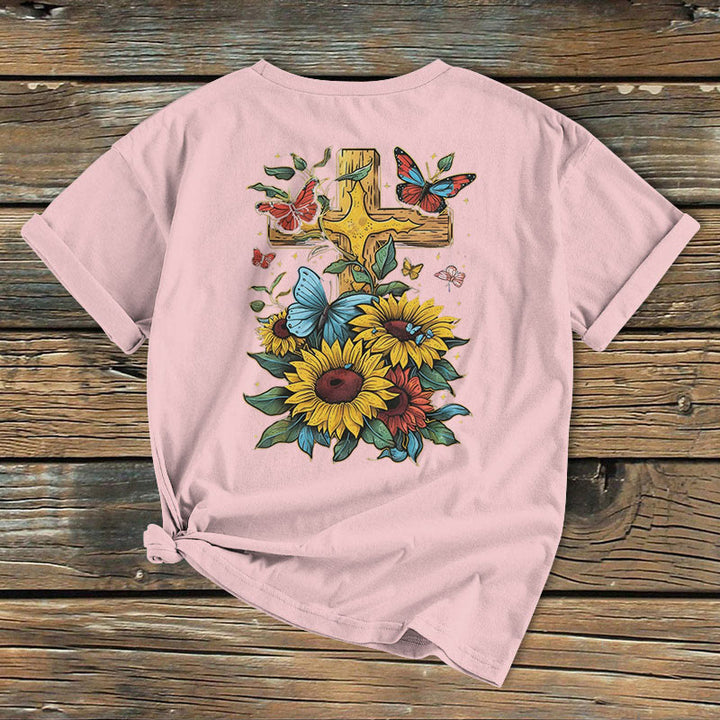 Christianartworkshop Classic Colored Style Cross Sunflowers Butterflies Short Sleeve Washed T-shirt