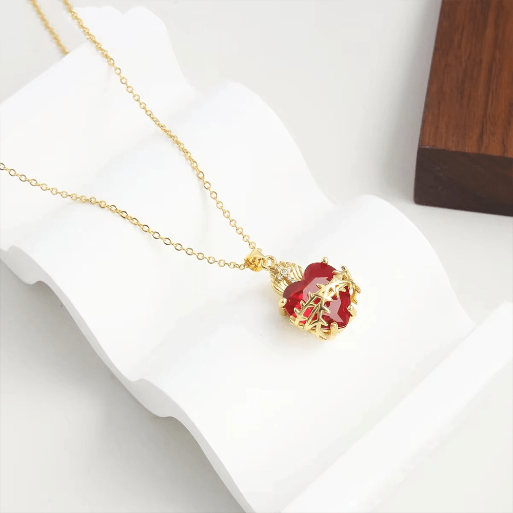 Christianartworkshop FAITH AS YOUR ARMOR: Red Gemstones Sacred Heart of Jesus Pendant Necklace