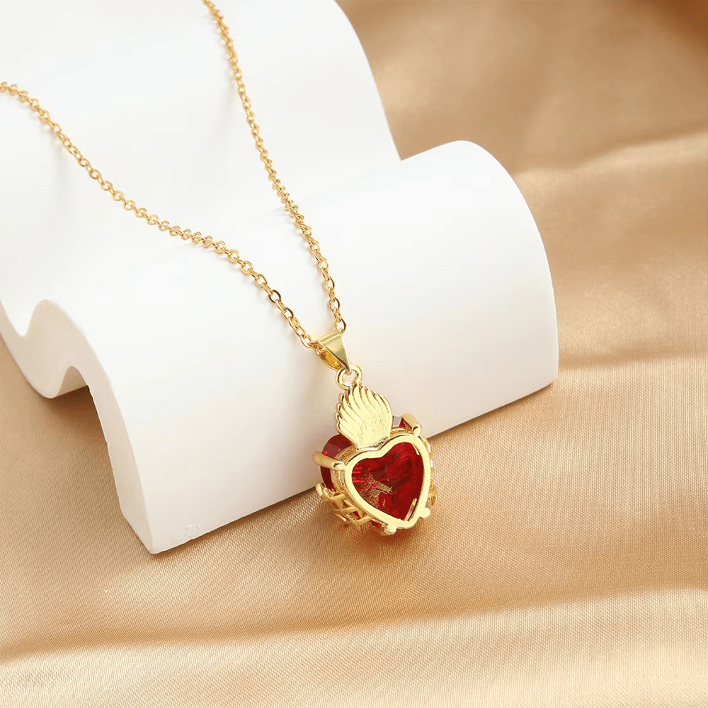 Christianartworkshop Modern Style Crafted Red Gemstones Sacred Heart of Jesus Pendant Necklace - image 3