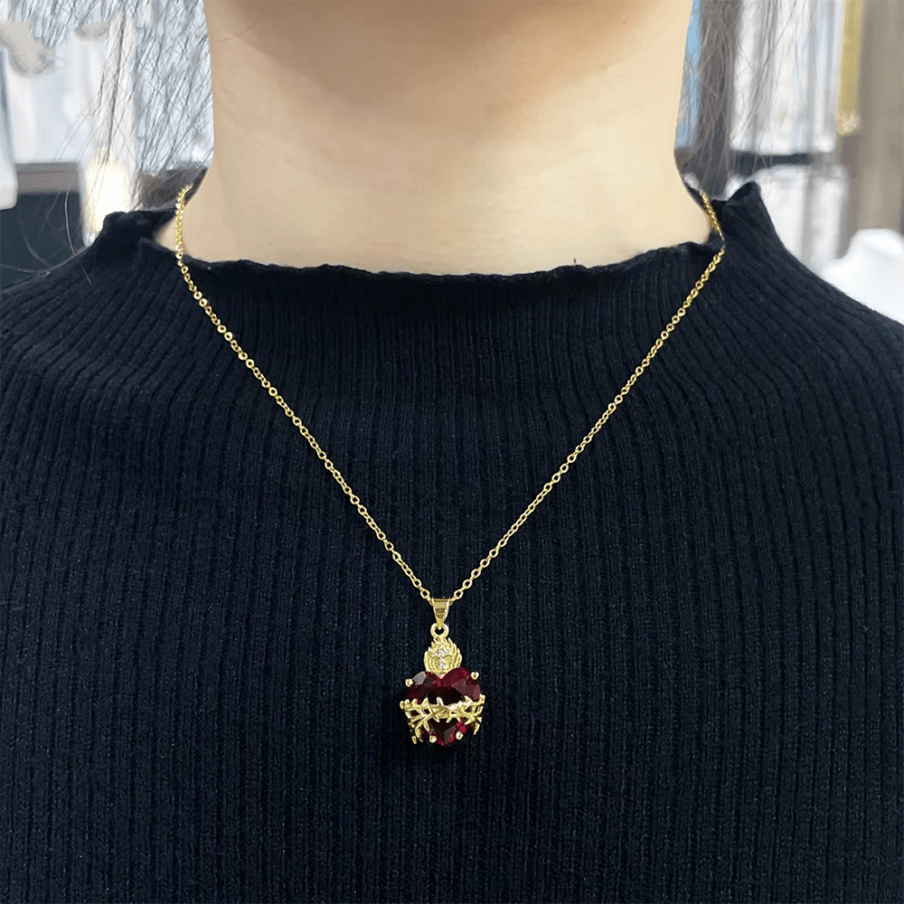 Christianartworkshop FAITH AS YOUR ARMOR: Red Gemstones Sacred Heart of Jesus Pendant Necklace