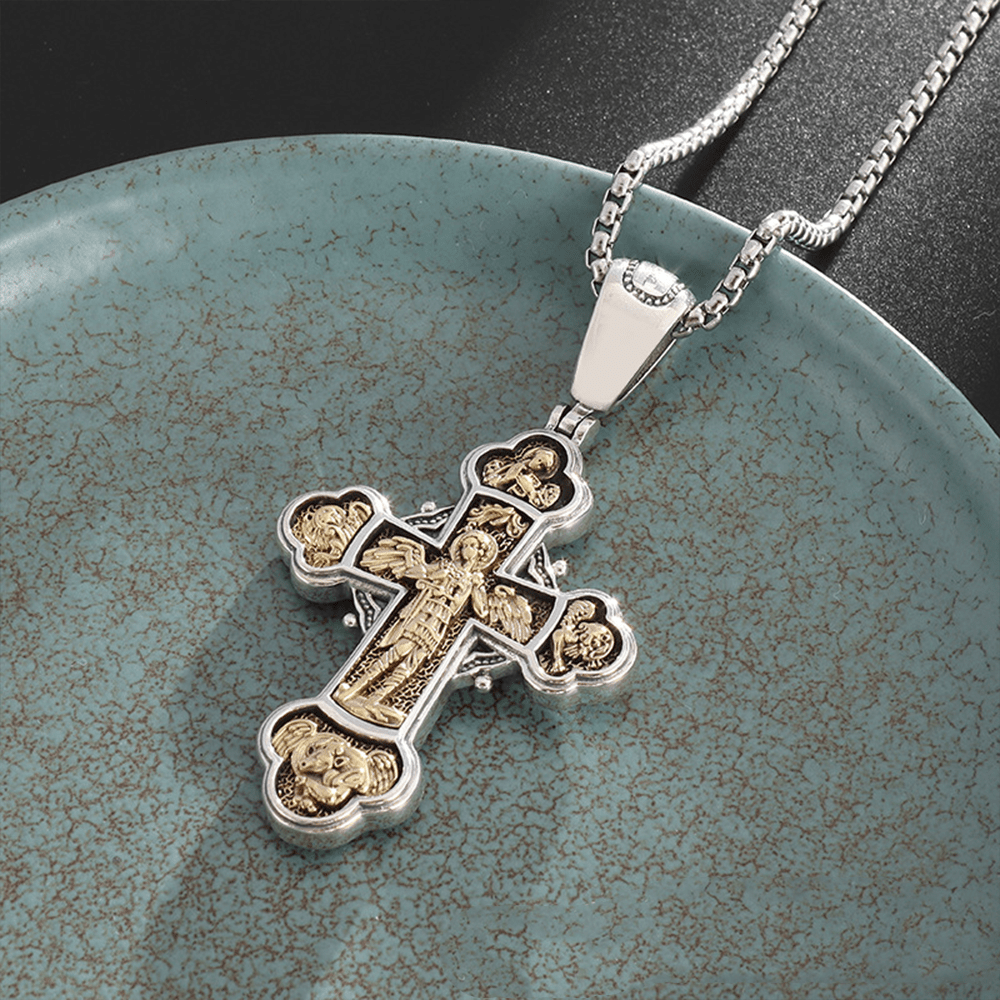 Christian Art Classic Style St. Michael the Archangel Retro Cross Pendant Necklace