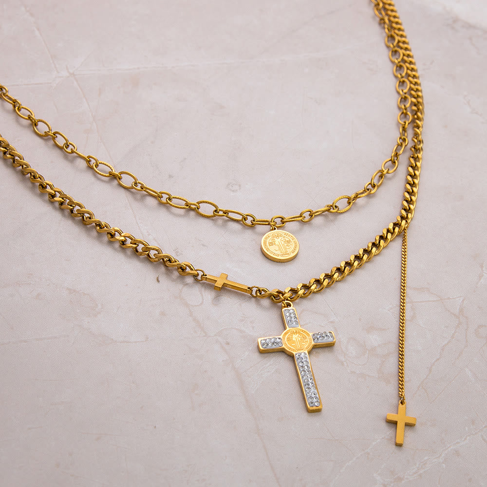 Christian Art Layered Necklace Style St. Benedict Cross Pendant Mixed Chain Necklace