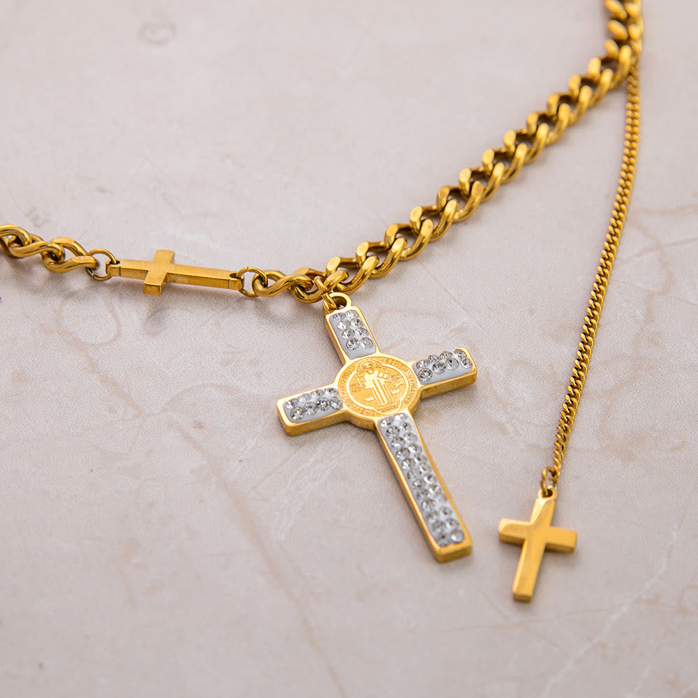 Christianartworkshop Layered Necklace Style St. Benedict Cross Pendant Mixed Chain Necklace