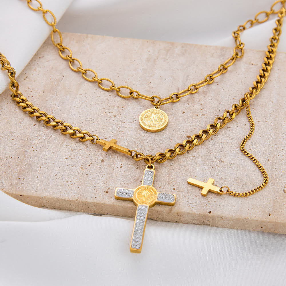 Christianartworkshop Layered Necklace Style St. Benedict Cross Pendant Mixed Chain Necklace