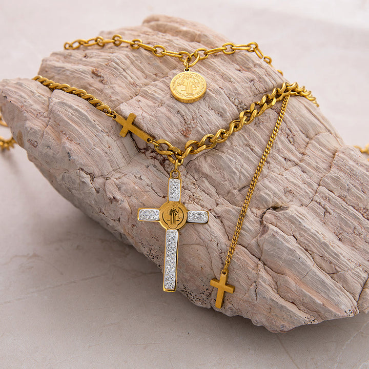 Christianartworkshop Layered Necklace Style St. Benedict Cross Pendant Mixed Chain Necklace