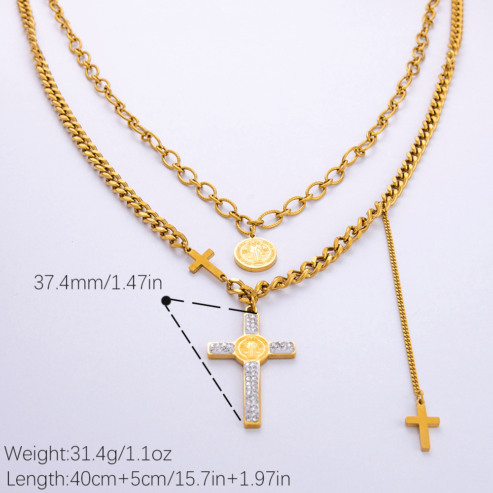 Christianartworkshop Layered Necklace Style St. Benedict Cross Pendant Mixed Chain Necklace