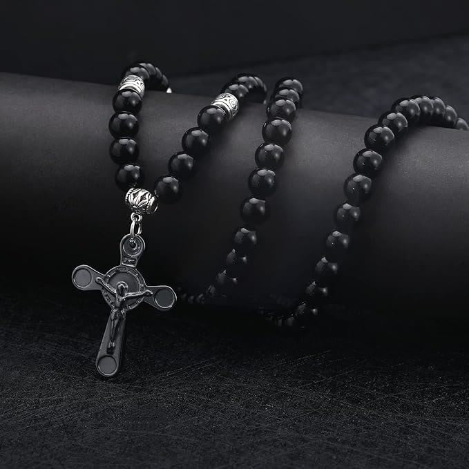 Christianartworkshop Retro Noble Style Crucifix Black Gallstone Beads Pendant Necklace