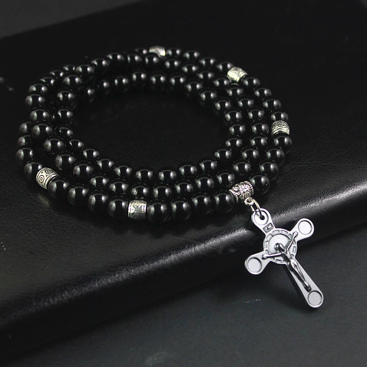 Christian Art Retro Noble Style Crucifix Black Gallstone Beads Pendant Necklace