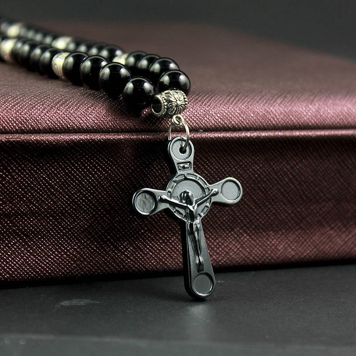 Christian Art Retro Noble Style Crucifix Black Gallstone Beads Pendant Necklace