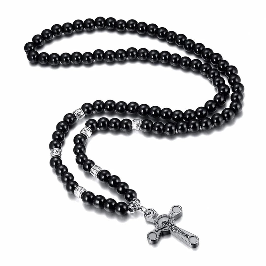 Christian Art Retro Noble Style Crucifix Black Gallstone Beads Pendant Necklace