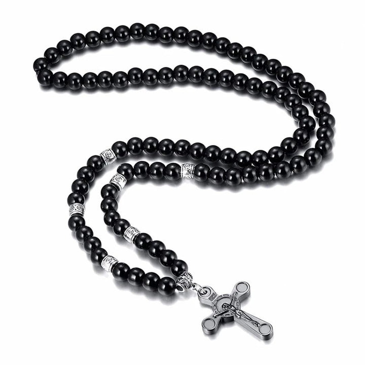 Christianartworkshop Retro Noble Style Crucifix Black Gallstone Beads Pendant Necklace