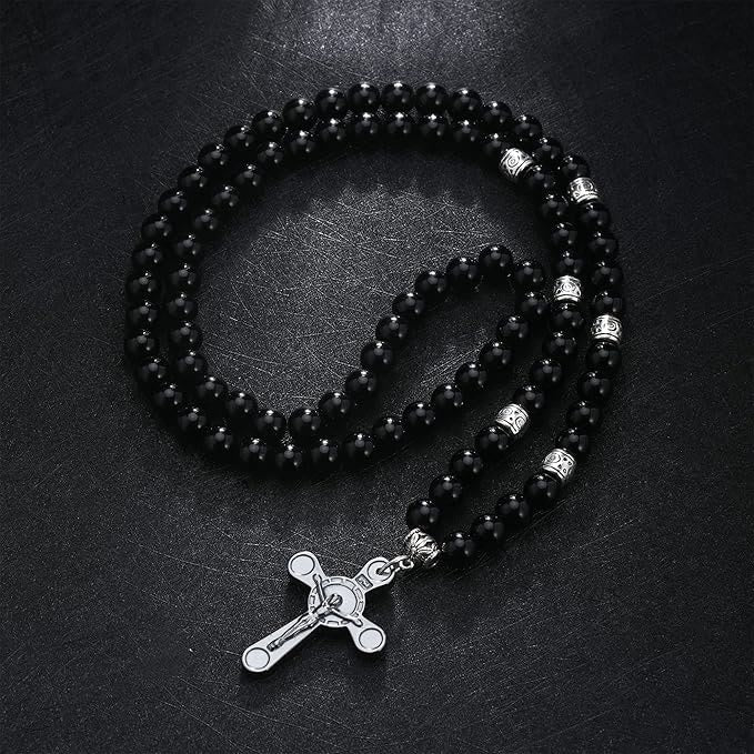 Christian Art Retro Noble Style Crucifix Black Gallstone Beads Pendant Necklace