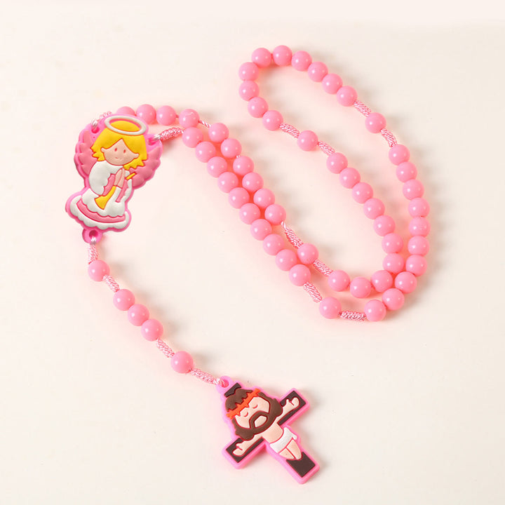 Christianartworkshop Guardian Angel & Crucifix of 8 mm Round Pink/Blue Acrylic Nylon Cord Child Rosary