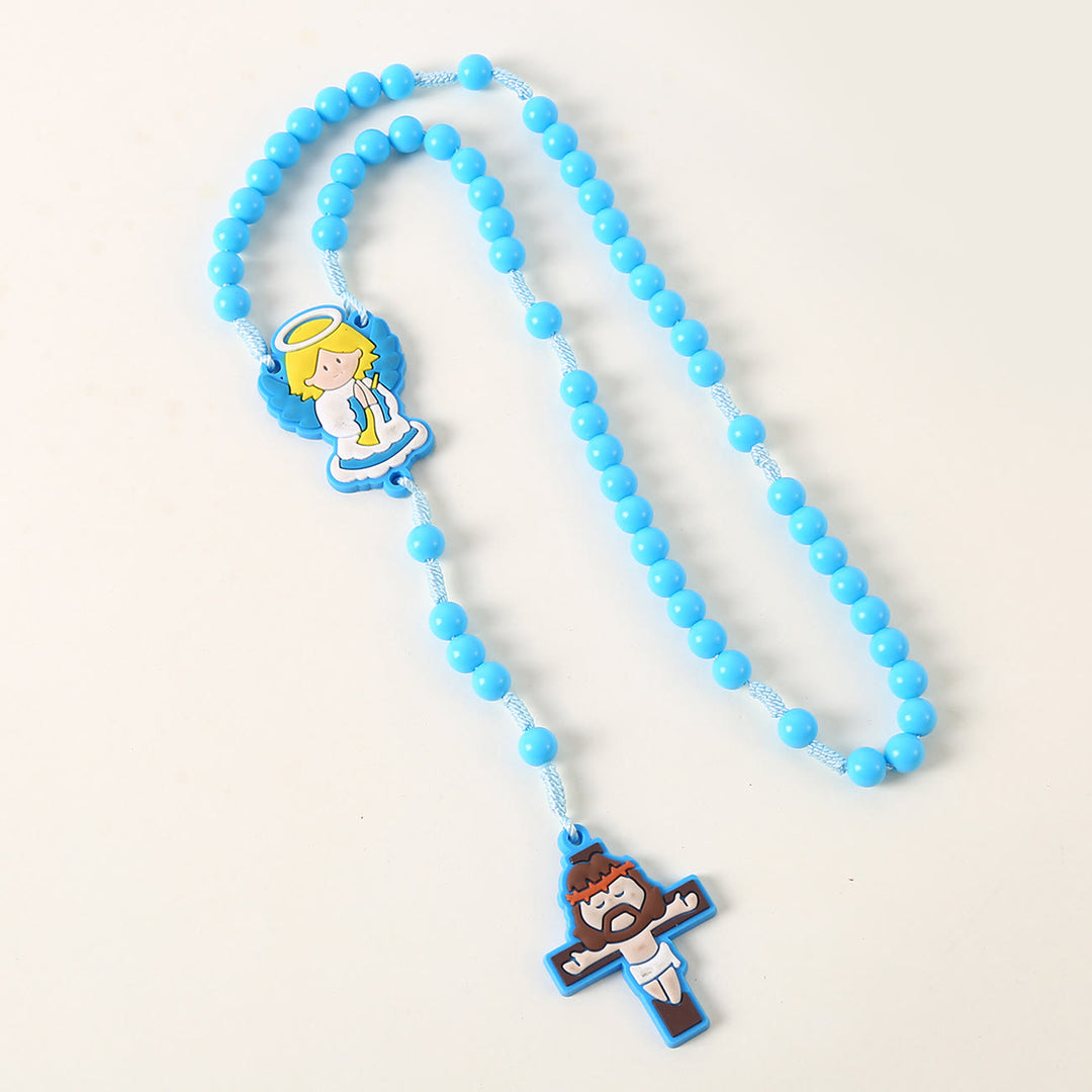 Christianartworkshop Guardian Angel & Crucifix of 8 mm Round Pink/Blue Acrylic Nylon Cord Child Rosary