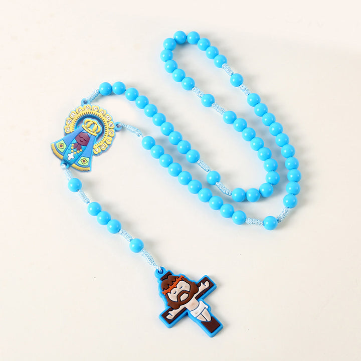 Christian Art Guardian Angel & Crucifix of 8 mm Round Pink/Blue Acrylic Nylon Cord Child Rosary