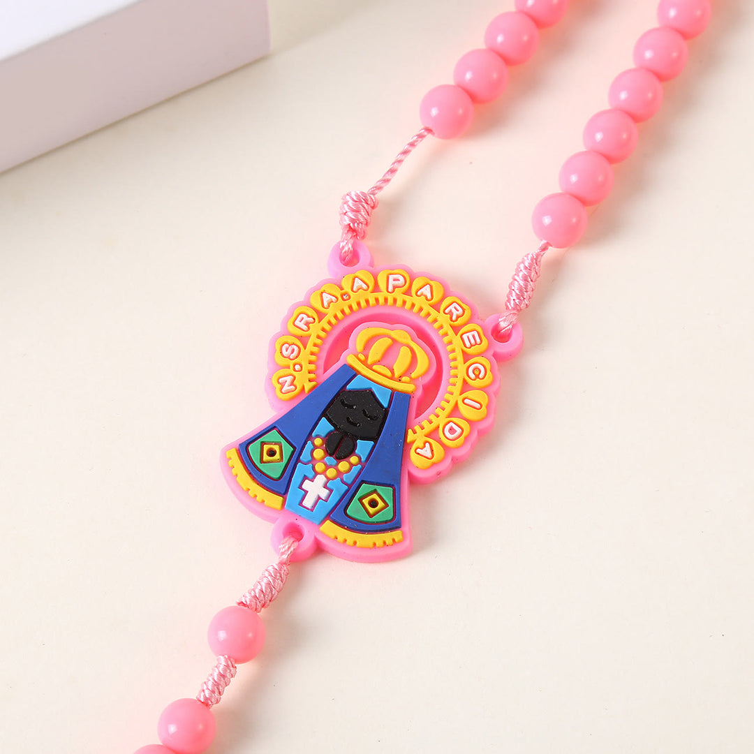 Christian Art Guardian Angel & Crucifix of 8 mm Round Pink/Blue Acrylic Nylon Cord Child Rosary