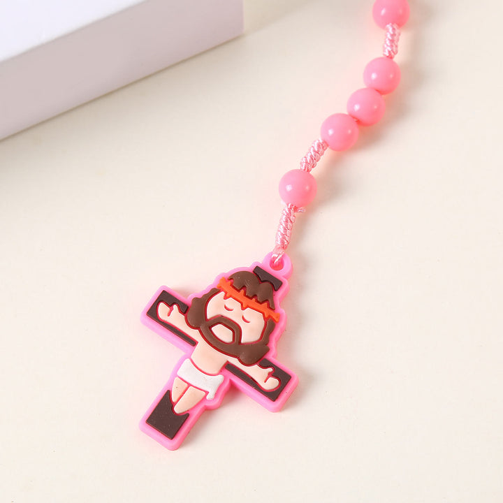 Christian Art Guardian Angel & Crucifix of 8 mm Round Pink/Blue Acrylic Nylon Cord Child Rosary