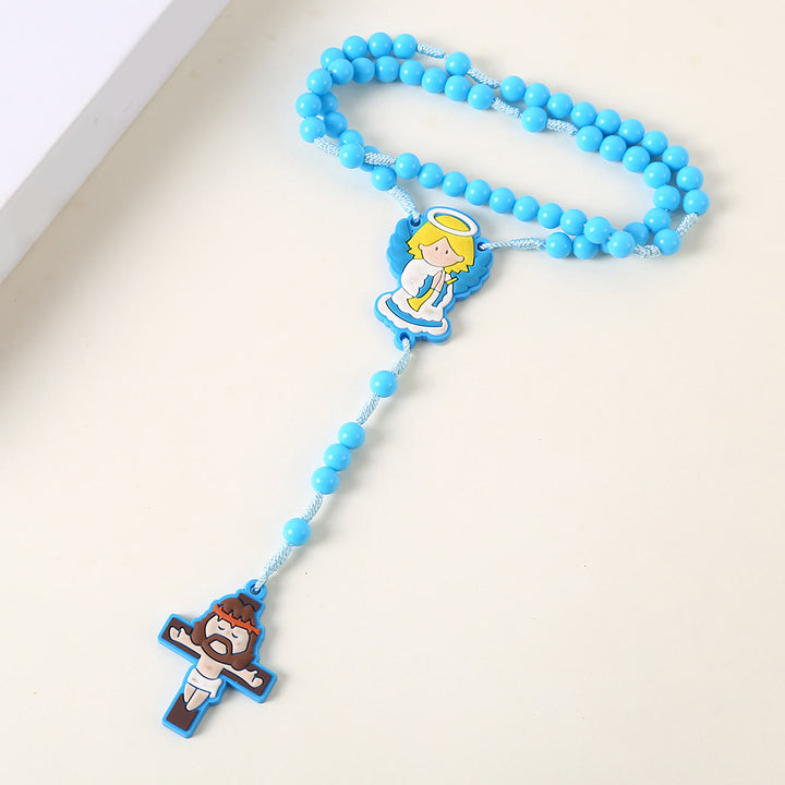 Christianartworkshop Guardian Angel & Crucifix of 8 mm Round Pink/Blue Acrylic Nylon Cord Child Rosary