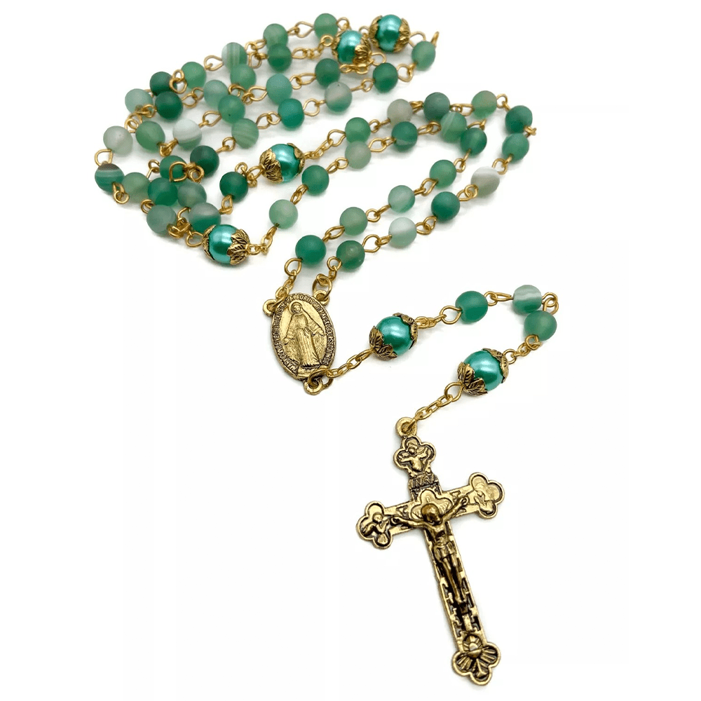 Christian Art Miraculous Medal & Crucifix of 6 mm Round Green Crystal Alloy Chain Rosary