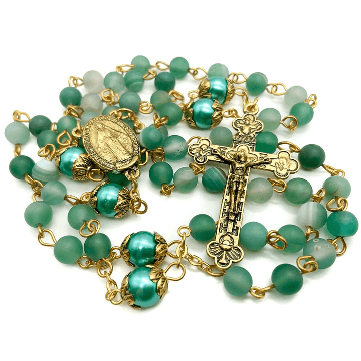 Christian Art Miraculous Medal & Crucifix of 6 mm Round Green Crystal Alloy Chain Rosary