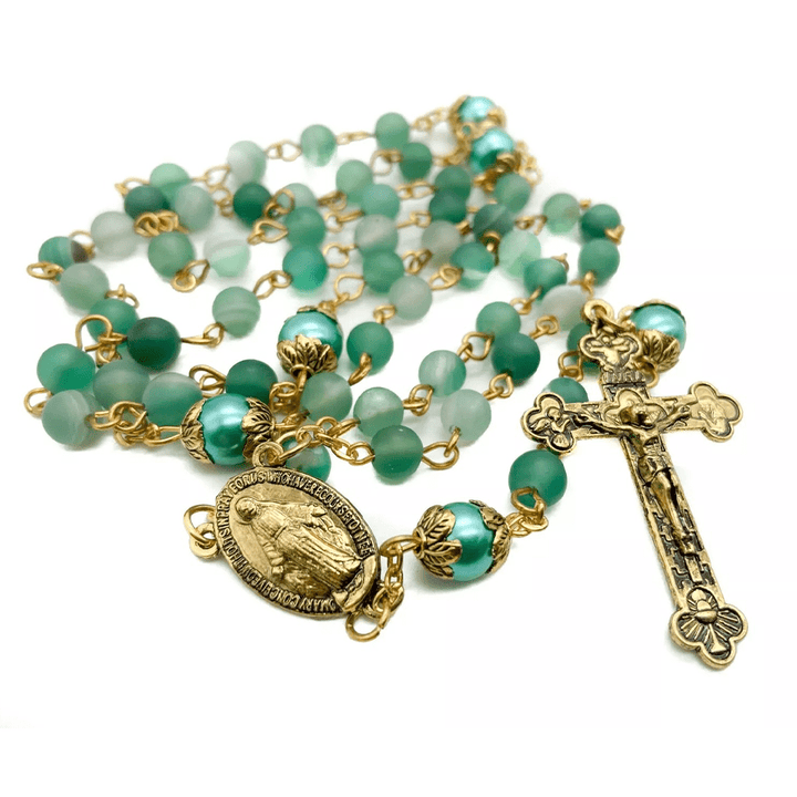 Christian Art Miraculous Medal & Crucifix of 6 mm Round Green Crystal Alloy Chain Rosary