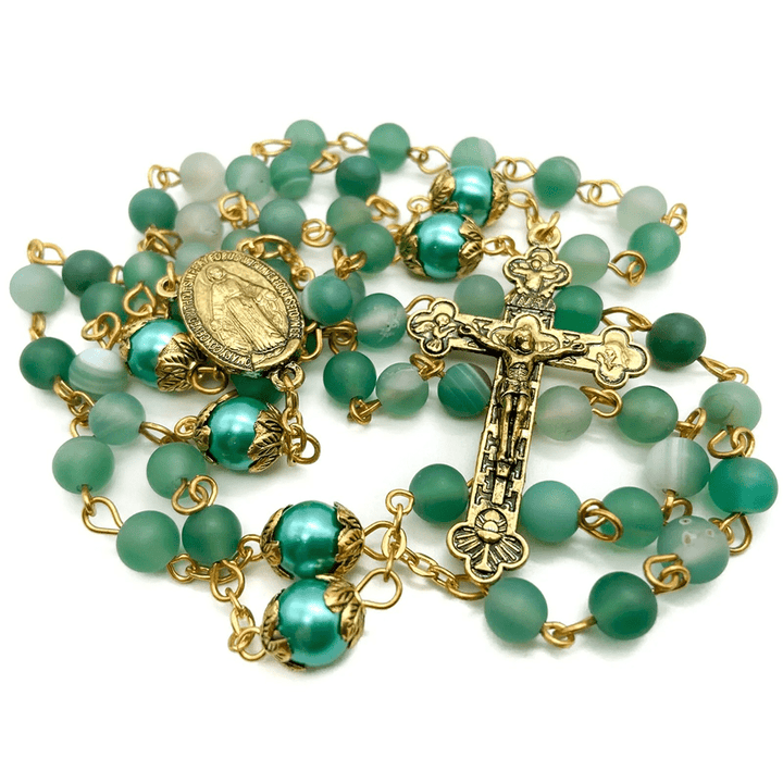 FREE Today: Christian Art Miraculous Medal & Crucifix of 6 mm Round Green Crystal Alloy Chain Rosary - Green - image 0
