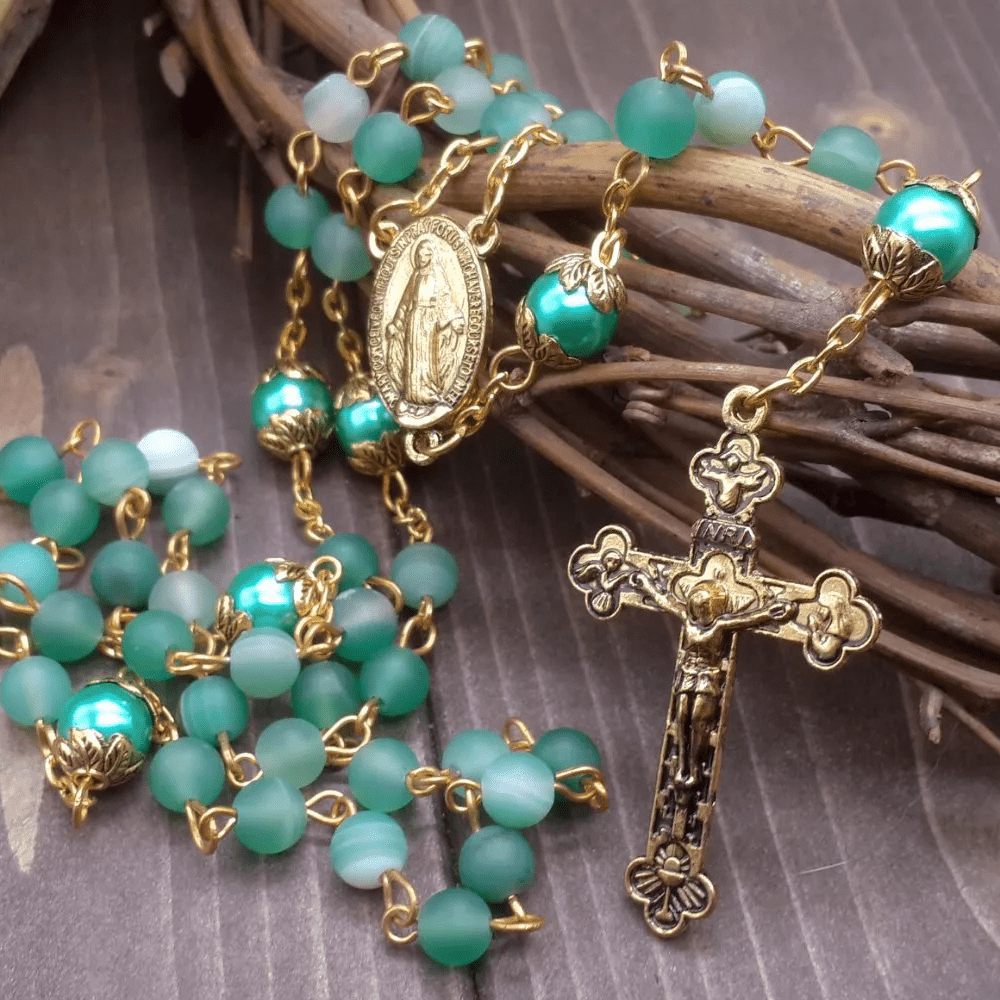 Christian Art Miraculous Medal & Crucifix of 6 mm Round Green Crystal Alloy Chain Rosary