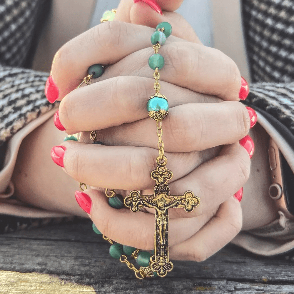 FREE Today: Christian Art Miraculous Medal & Crucifix of 6 mm Round Green Crystal Alloy Chain Rosary - image 4