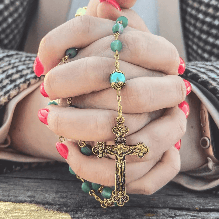 FREE Today: Christian Art Miraculous Medal & Crucifix of 6 mm Round Green Crystal Alloy Chain Rosary - image 4