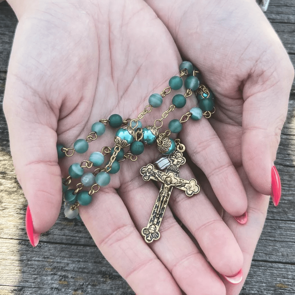 FREE Today: Christian Art Miraculous Medal & Crucifix of 6 mm Round Green Crystal Alloy Chain Rosary - image 3