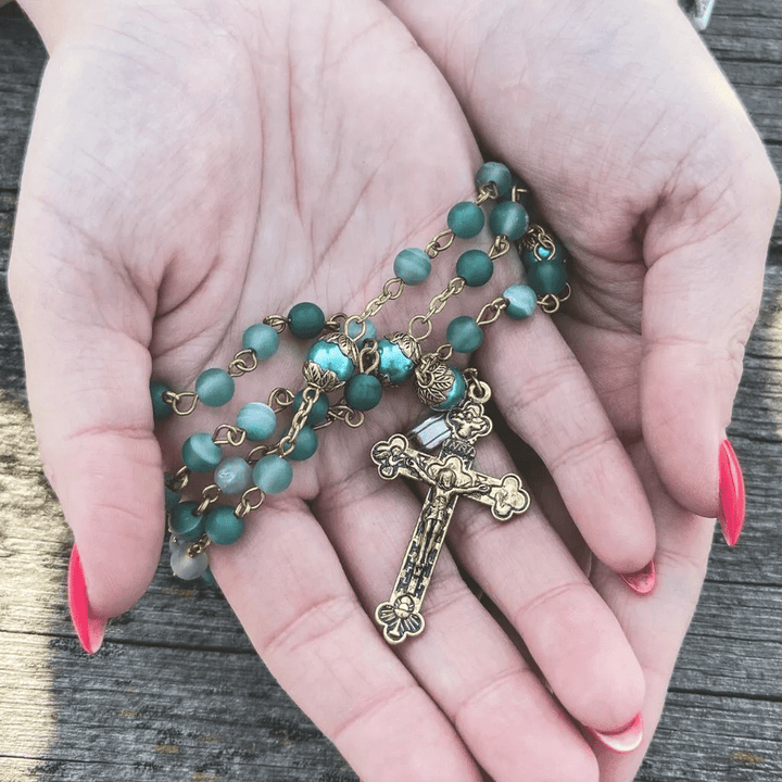 FREE Today: Christian Art Miraculous Medal & Crucifix of 6 mm Round Green Crystal Alloy Chain Rosary - image 3