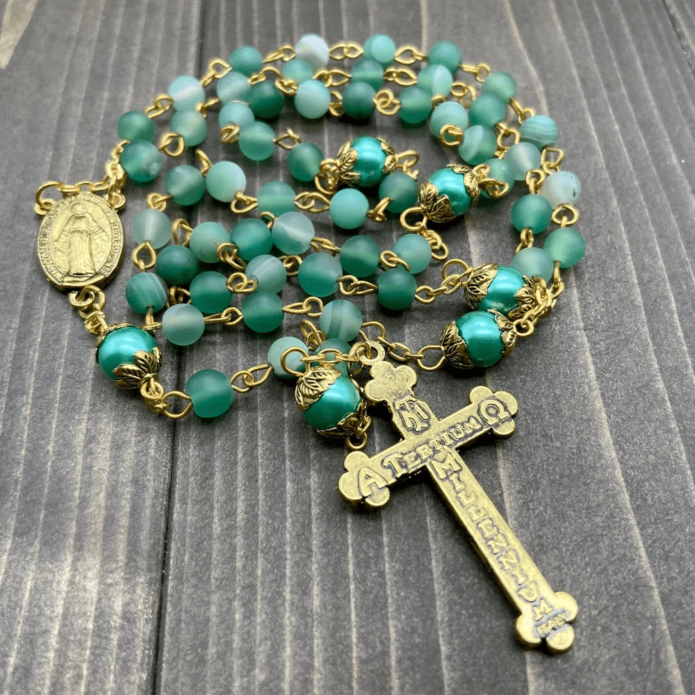 Christian Art Miraculous Medal & Crucifix of 6 mm Round Green Crystal Alloy Chain Rosary