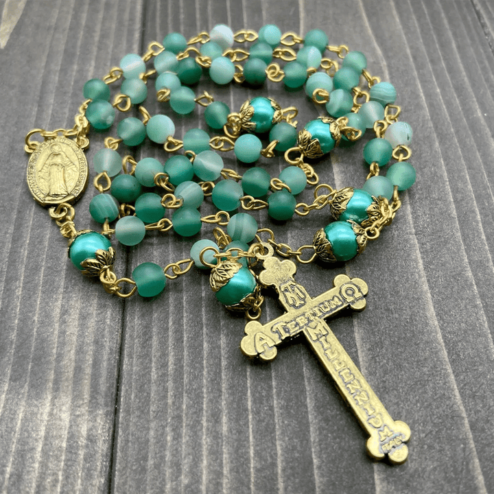 FREE Today: Christian Art Miraculous Medal & Crucifix of 6 mm Round Green Crystal Alloy Chain Rosary - image 2