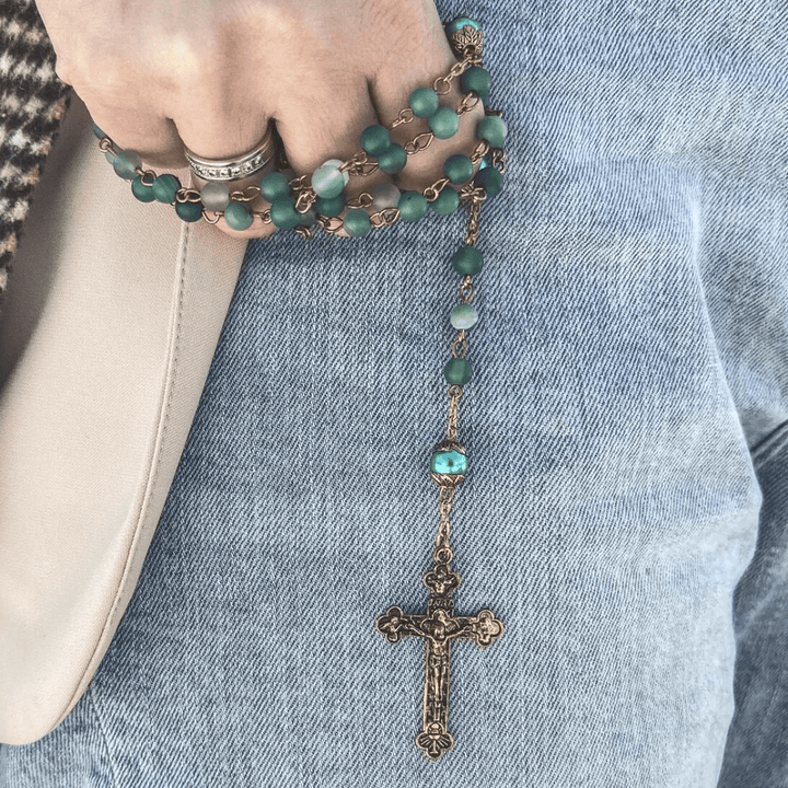 Christian Art Miraculous Medal & Crucifix of 6 mm Round Green Crystal Alloy Chain Rosary