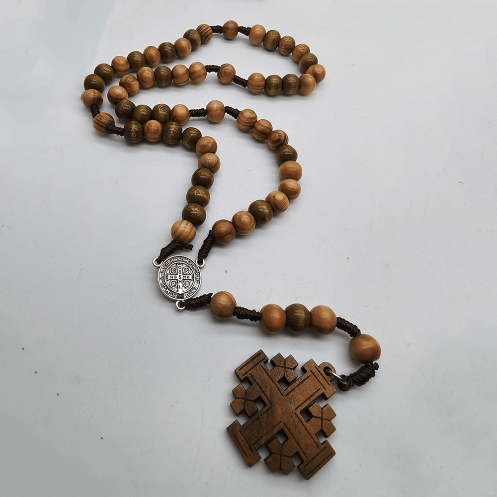 Christian Art St. Benedict Medal & Jerusalem of 10 mm Round Brown Wood Nylon Cord Rosary