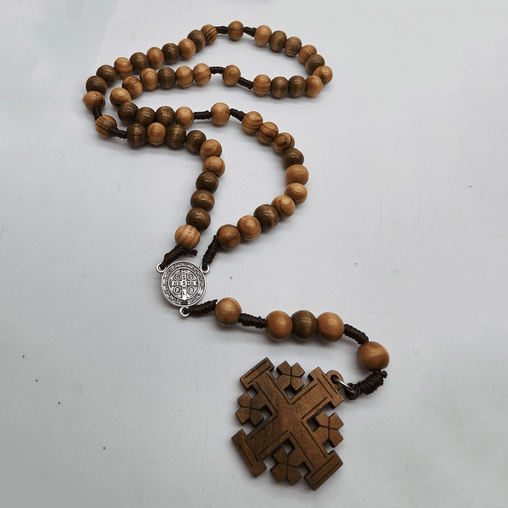 Christian Art St. Benedict Medal & Jerusalem of 10 mm Round Brown Wood Nylon Cord Rosary