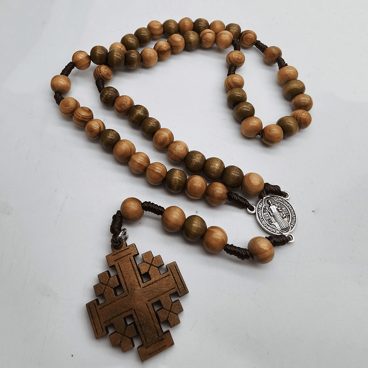 Christian Art St. Benedict Medal & Jerusalem of 10 mm Round Brown Wood Nylon Cord Rosary